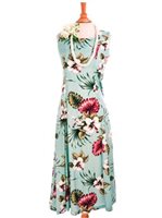 [USED ITEM] Royal Hawaiian Creations Hibiscus & Monstera Light Blue Rayon Hawaiian Sleeveless Back Tie Long Dress