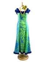 [USED ITEM] Anuenue Ginger Lime & Turquoise Poly Cotton Hawaiian Nahenahe Ruffle Long Muumuu Dress