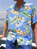 Two Palms Tuberose Blue Rayon Men's Hawaiian Shirt