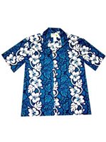 Ky's Hibiscus Lei Navy Blue Cotton Men's Hawaiian Shirt