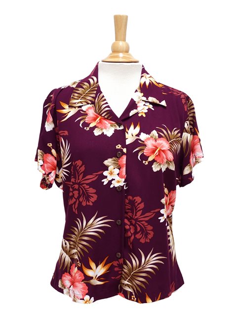 Two Palms Fern Hibiscus Purple Rayon Women's Hawaiian Shirt | AlohaOutlet